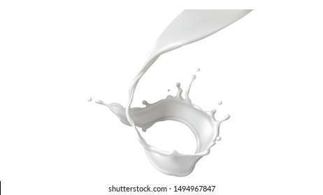 Milk splash or round swirl realistic vector illustration. Natural dairy product, yogurt or cream in crown splash with flying drops, for packaging design isolated on white background