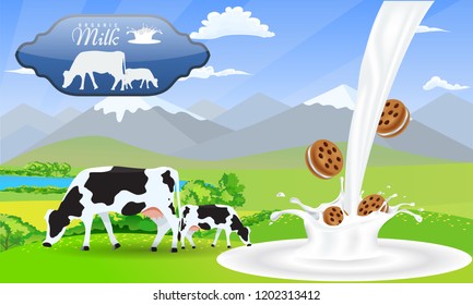 Milk splash sandwich cookies and Beautiful nature landscape mountain and meadow fields with cows.