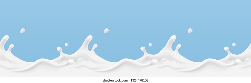 Milk splash seamless pattern. 3d realistic yogurt wave border. Vector milk package design.