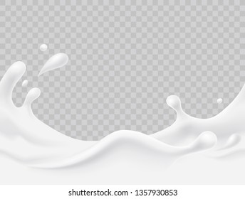 Milk splash seamless pattern. 3d realistic yogurt wave border on transparent background. Vector milk package design.