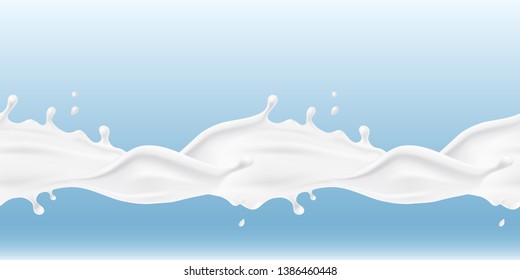 Milk splash seamless pattern. 3d realistic yogurt wave border. Vector milk package design.