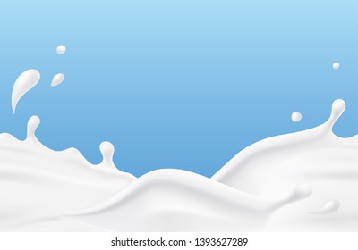Milk splash seamless pattern. 3d realistic yogurt wave border on blue background. Vector milk package design.