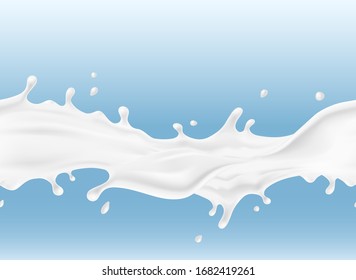 Milk splash seamless pattern. 3d realistic yogurt or dairy cream wave border with drops. Vector milk package design.