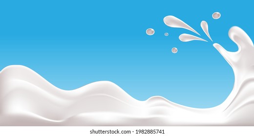 Milk splash seamless pattern. 3d realistic yogurt wave border on blue background. Vector milk package design.