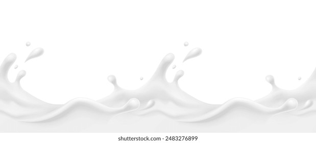 Milk splash seamless pattern. 3d realistic yogurt wave border isolated on white background. Vector milky package design	