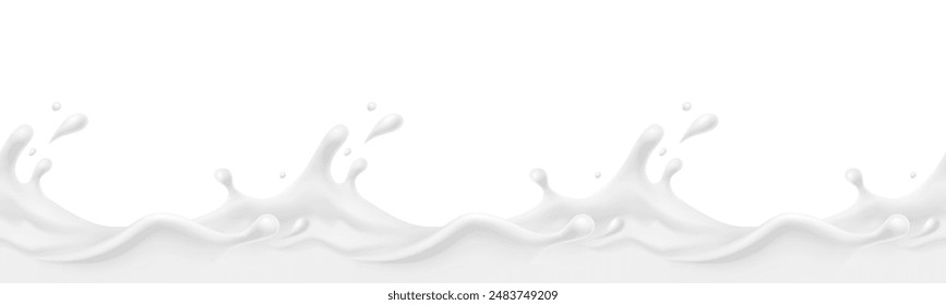 Milk splash seamless pattern. 3d realistic yogurt wave border isolated on white background. Vector milky package design	