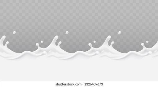 Milk splash seamless pattern isolated on transparent background. 3d realistic yogurt wave border. Vector milk package design.
