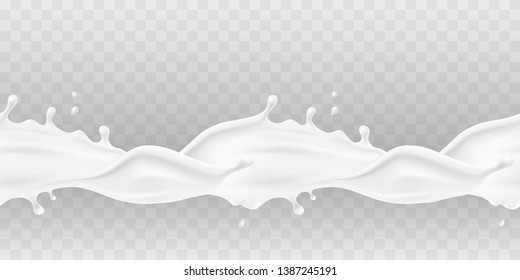 Milk splash seamless pattern isolated on transparent background. 3d realistic yogurt wave border. Vector milk package design.