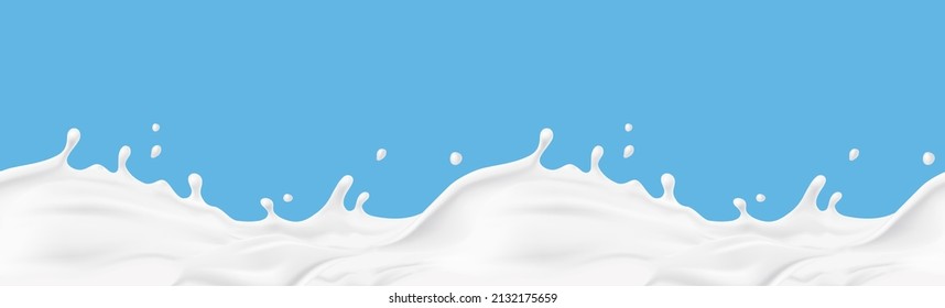 Leche salpicada sin costura aislada en fondo azul. 3.º borde de ola de yogur realista. Diseño de paquetes de leche para vectores
