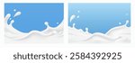 Milk splash seamless patterns. 3d realistic yogurt wave borders on blue backgrounds. Vector milky package designs