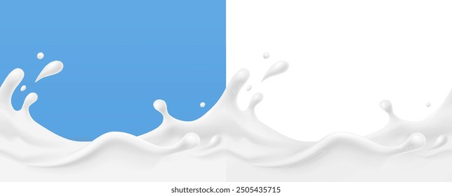 Milk splash seamless patterns set. 3d realistic yogurt wave borders on blue and white backgrounds. Vector milky package designs