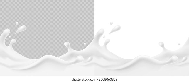 Milk splash seamless patterns set. 3d realistic yogurt wave borders on transparent and white backgrounds. Vector milky package designs