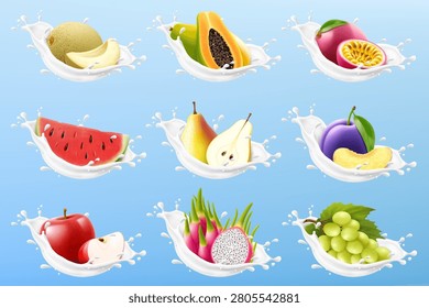Milk splash set with 3D berries isolated on blue background. Vector realistic illustration of sweet melon, papaya, watermelon, pear, plum, apple, grapes, white yogurt splatter, dairy pack design
