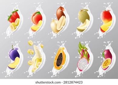 Milk splash set with 3D berries isolated on blue background. Vector realistic illustration of sweet cherry, mango, banana, peach, kiwi, raspberry, strawberry, white yogurt splatter, dairy pack design