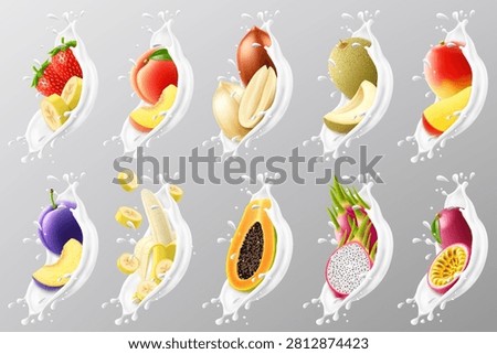 Milk splash set with 3D berries isolated on blue background. Vector realistic illustration of sweet cherry, mango, banana, peach, kiwi, raspberry, strawberry, white yogurt splatter, dairy pack design