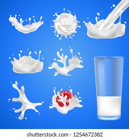 Milk splash set. Set for banner design. Drink element, splashing template illustration. Collection on white backdrop. Milk wave splash background. Realistic style illustration isolated. 