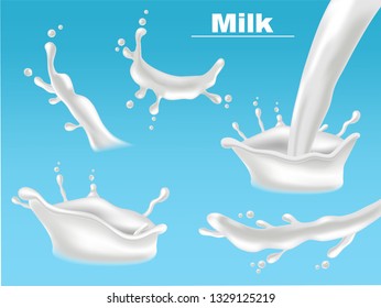 Milk splash set collection Vector realistic. Fresh pouring liquid organic eco product templates. 3d illustrations