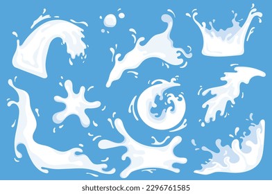 Milk splash set. A set of flat cartoon designs featuring milk splashes on a blue background. Vector illustration.