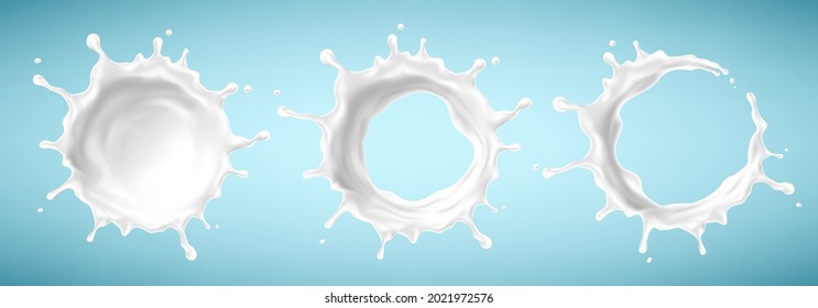 Milk splash set isolated on blue background. Natural dairy product, yogurt or cream splash with flying drops. Realistic vector illustration