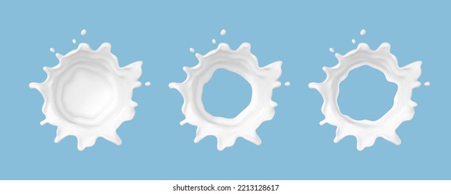 Milk splash set isolated on blue background. Natural dairy product, yogurt or cream splash with flying drops. Realistic Vector illustration