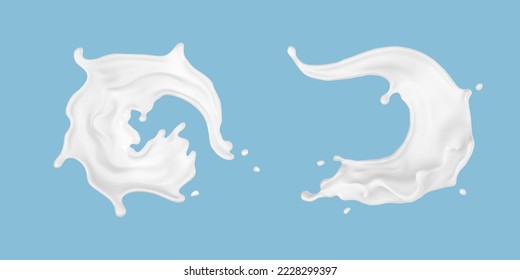 Milk splash set isolated on blue background. Realistic vector illustration