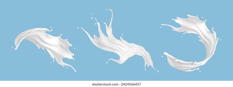 Milk splash set isolated on blue background. Natural dairy product, yogurt or cream splash. Moisturizing lotion, white cosmetics splashing.  Realistic vector illustration