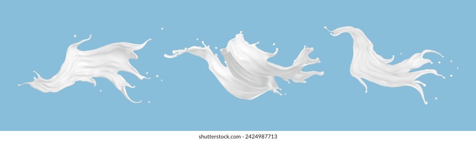 Milk splash set isolated on blue background. Natural dairy product, yogurt or cream splash. Moisturizing lotion, white cosmetics splashing.  Realistic vector illustration