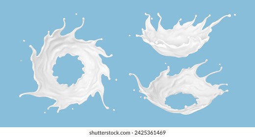 Milk splash set isolated on blue background. Natural dairy product, yogurt or cream splash. Realistic vector illustration