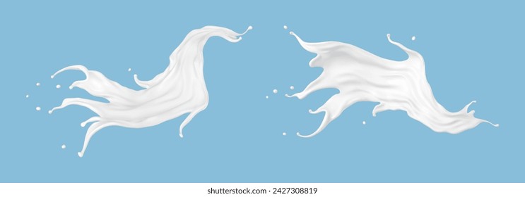 Milk splash set isolated on blue background. Natural dairy product, yogurt or cream splash. White cosmetics splashing.  Realistic vector illustration