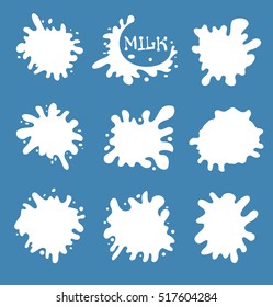 Milk splash set of labels. White milk splashes. Splash and blot kit. Vector illustration