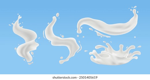 Juego de salpicaduras de leche. Gota de leche realista, onda con salpicaduras aisladas sobre fondo azul. Ilustración vectorial para el Diseño de Productos o Necesidades Publicitarias.