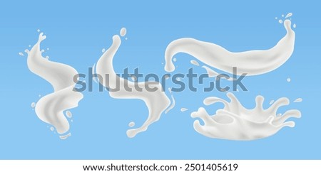 Milk Splash Set. Realistic Milk Drop, Wave with Splashes Isolated on Blue Background. Vector Illustration for Product Design or Advertising Needs.