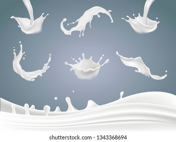 Milk splash set. White river flow. Water drops. Liquid crown. Macro drip cream. Realistic splashes. Vector illustration.