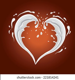 milk splash shape heart on chocolate background 