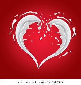 Milk Splash Shape Heart On Red Background 