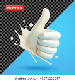 Salpicadura de leche en forma de pulgar hacia arriba mano, Vector 3D. Adecuado para la salud y los negocios