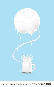 Milk splash Soccer ball shape from glass cup, World Milk Day concept 3D virtual design illustration isolated on blue background with copy space, vector eps 10