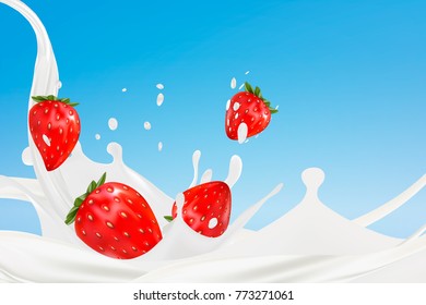 Milk Splash with Strawberries. Realistic vector 3d illustration created by mesh. 3d render.