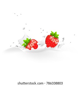 Milk Splash with Strawberries. Realistic vector 3d illustration. Isolated illustration on white background for advertising design, sweet food element