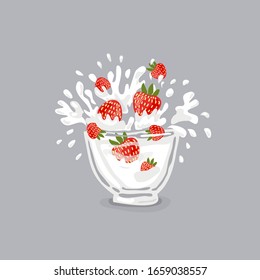 Milk splash with strawberries. Strawberry sweet milk with berries and splashes drawing cute vector illustration
