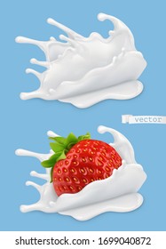 Milk splash and strawberry. 3d realistic vector objects, food illustration