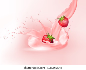 Milk splash and strawberry 3d vector object. Natural dairy products