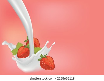 Milk splash and strawberry 3d vector object. Natural dairy products