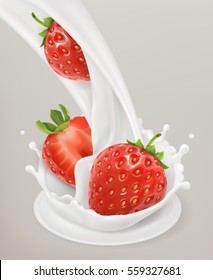 Milk splash and strawberry 3d vector object. Natural dairy products