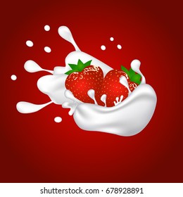 Milk splash and strawberry 3d vector object. Natural dairy products