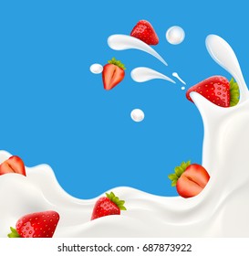 Milk splash with strawberry berries vector illustration for yogurt or milk product label and packaging design or advertising needs