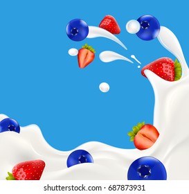 Milk splash with strawberry and blueberry berries vector illustration for yogurt or milk product label and packaging design or advertising needs