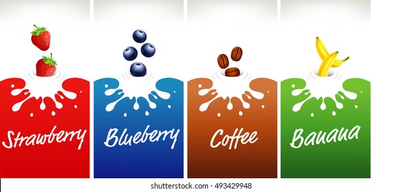 milk splash with strawberry, blueberry, coffee beans, banana