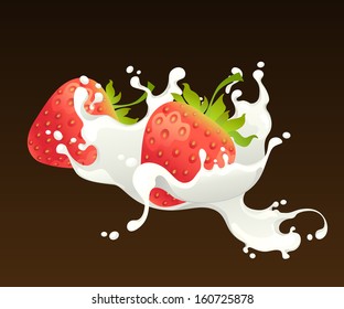 Milk splash with strawberry on black background.