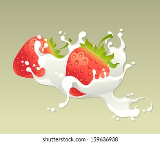 Milk splash with strawberry on light background.